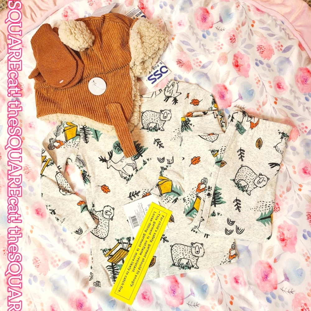 18 months Bundle 🌲 forest critters print matching top & pants + fuzzy ears hat!